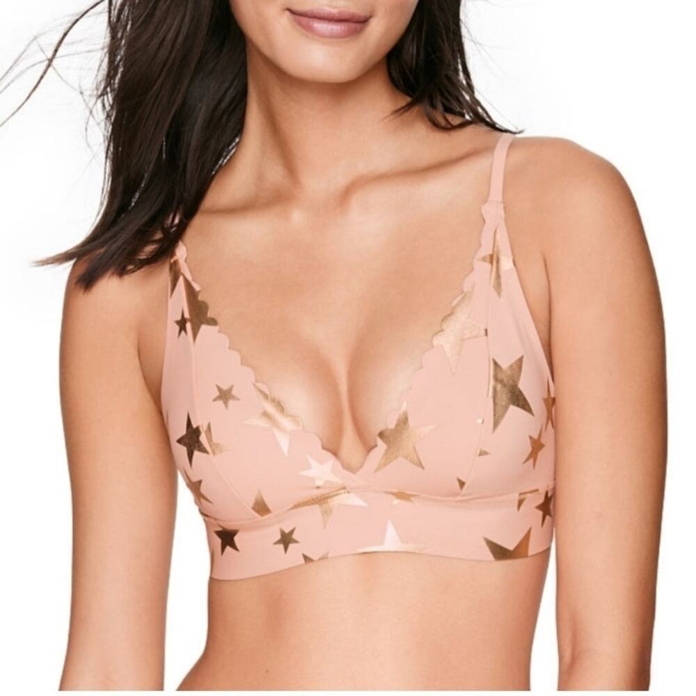 PINK Victoria’s Secret Bonded Scallop Star Plunge Pink & Gold Bralette Small